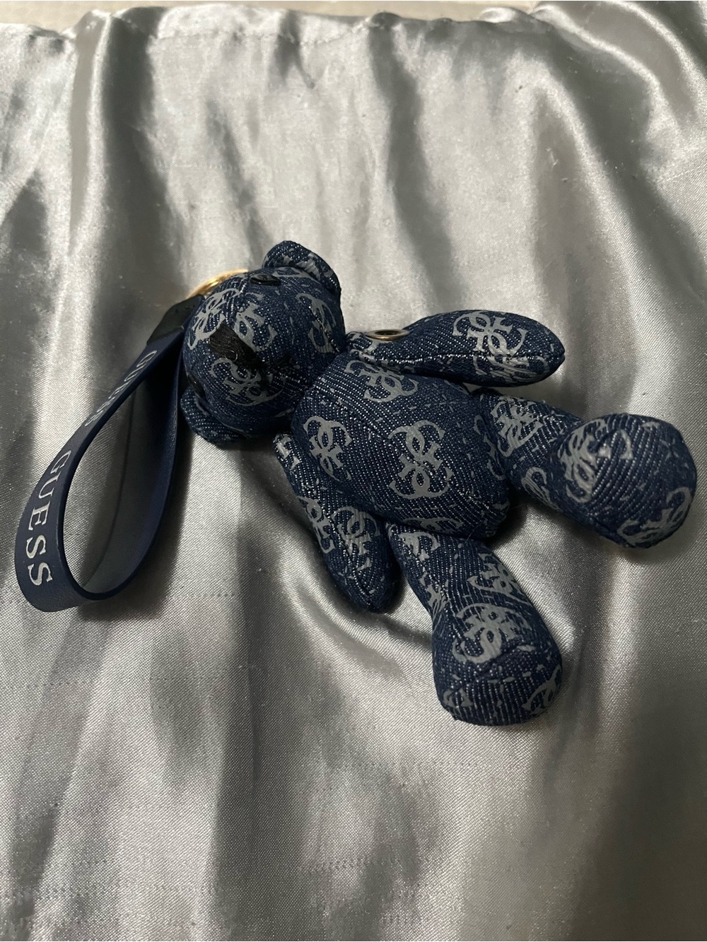 GUESS Logo Denim Bear Bag Charm with Gold Keyring - Picture 3 of 5